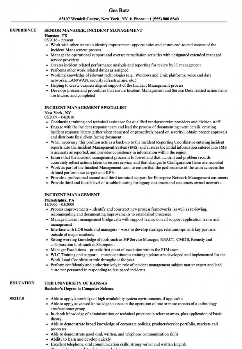 incident management resume sample incident management resume sample