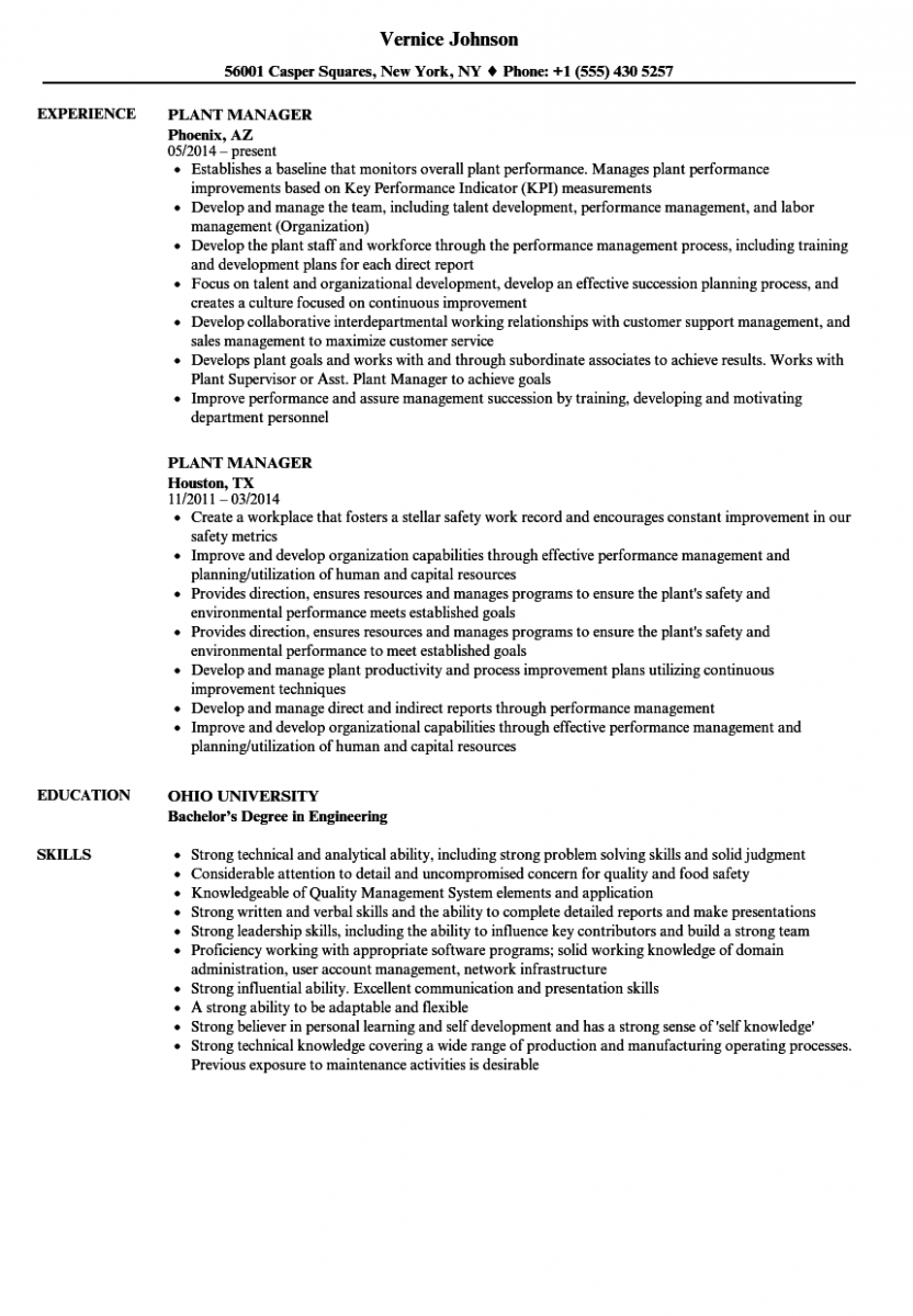 plant manager resume sample plant manager resume sample