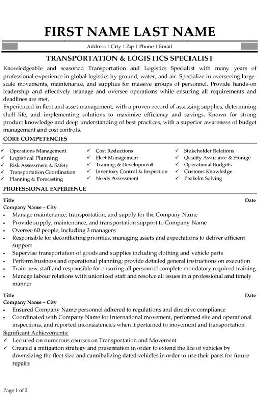 professional transportation logistics operations specialist resume sample professional transportation logistics operations specialist resume sample