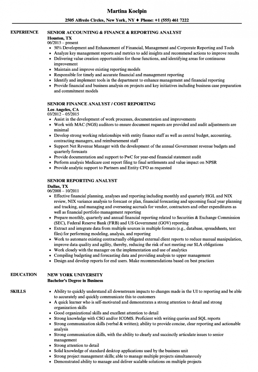 senior reporting analyst resume sample senior reporting analyst resume sample