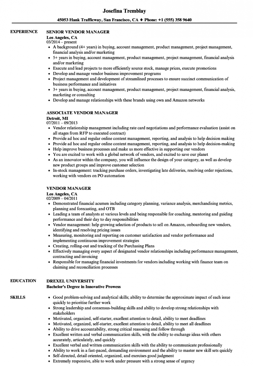 vendor manager resume sample vendor manager resume sample