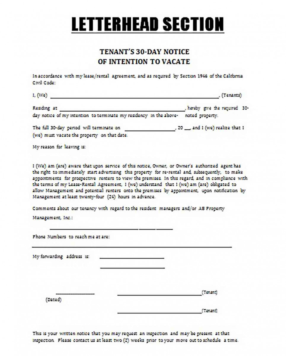 30 Day Notice of Intention Tenant Form templates 30 Day Notice of Intention Tenant Form templates