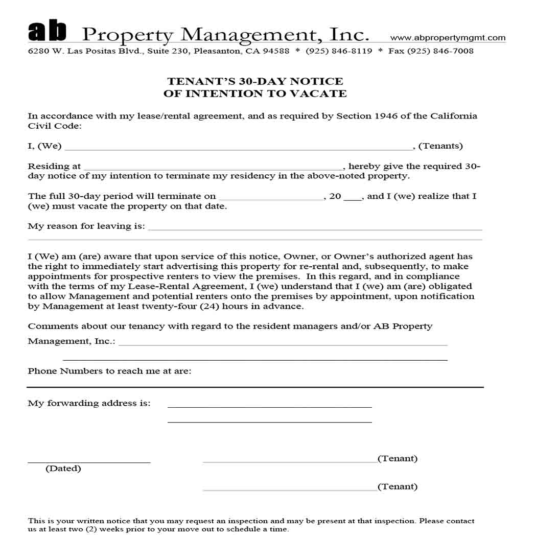 30 Day Notice of Intention Tenant Form templates 1 30 Day Notice of Intention Tenant Form templates 1
