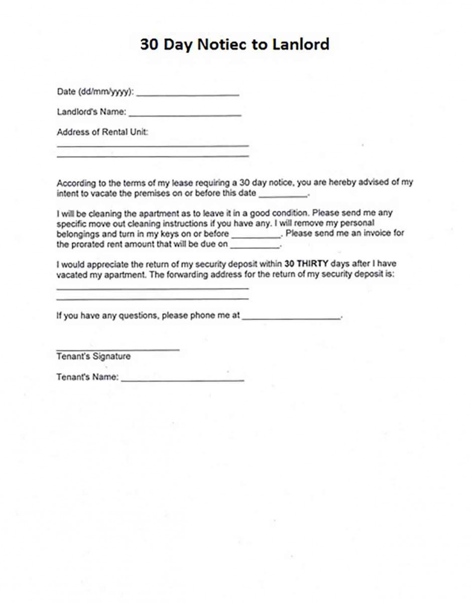30 Day Notice to Landlord in 30 Day Notice to Landlord in