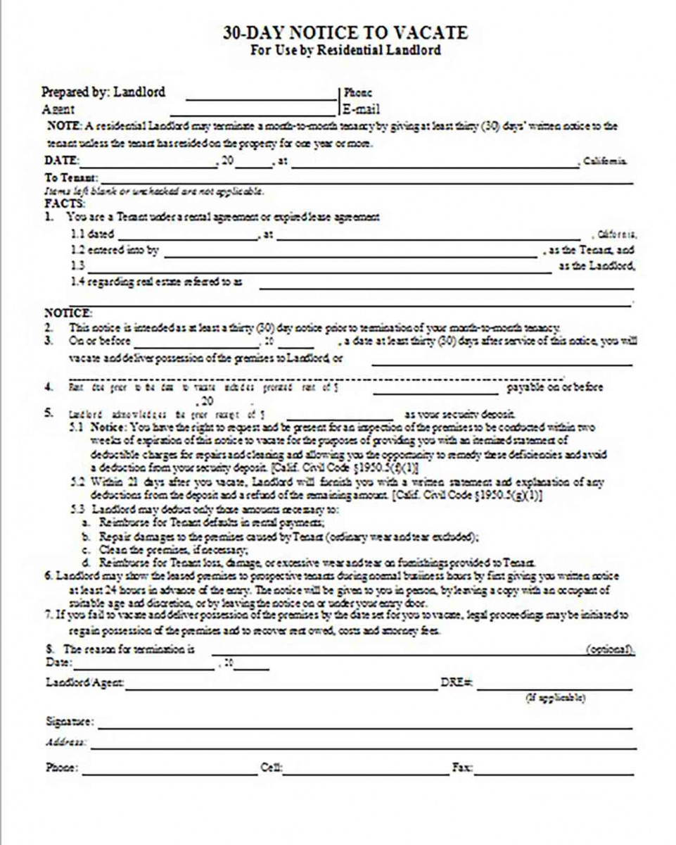 30 Day Vacate Notice by Landlord templates 30 Day Vacate Notice by Landlord templates