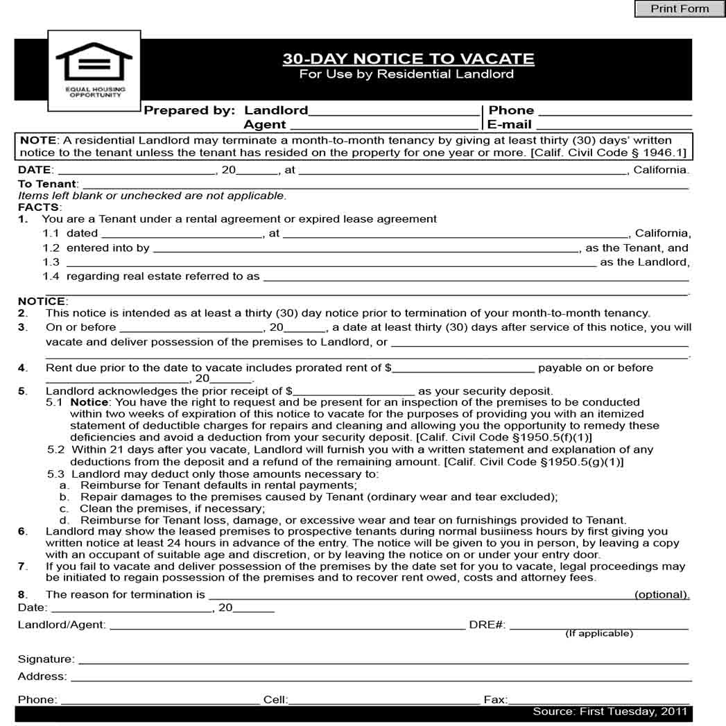 30 Day Vacate Notice by Landlord templates 1 30 Day Vacate Notice by Landlord templates 1