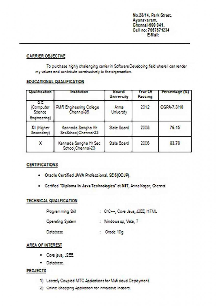 BE Freshers Resume Format BE Freshers Resume Format