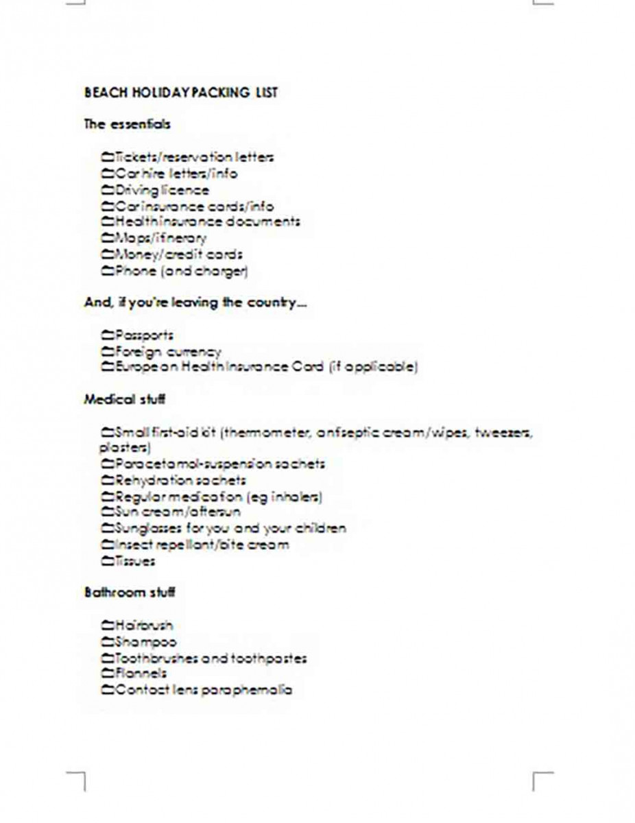 Beach Holiday Packing List Beach Holiday Packing List