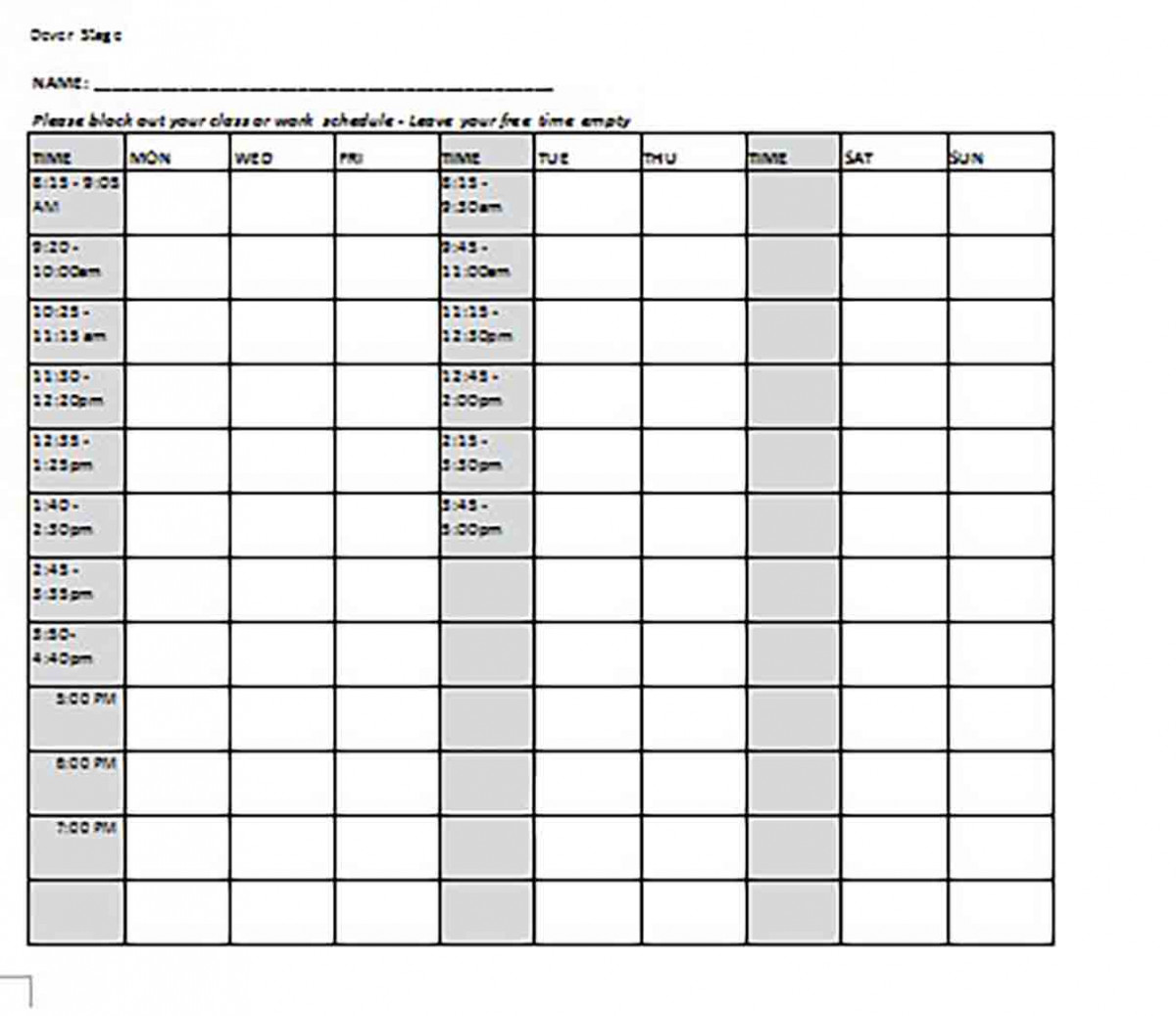 Blank Class Schedule Blank Class Schedule