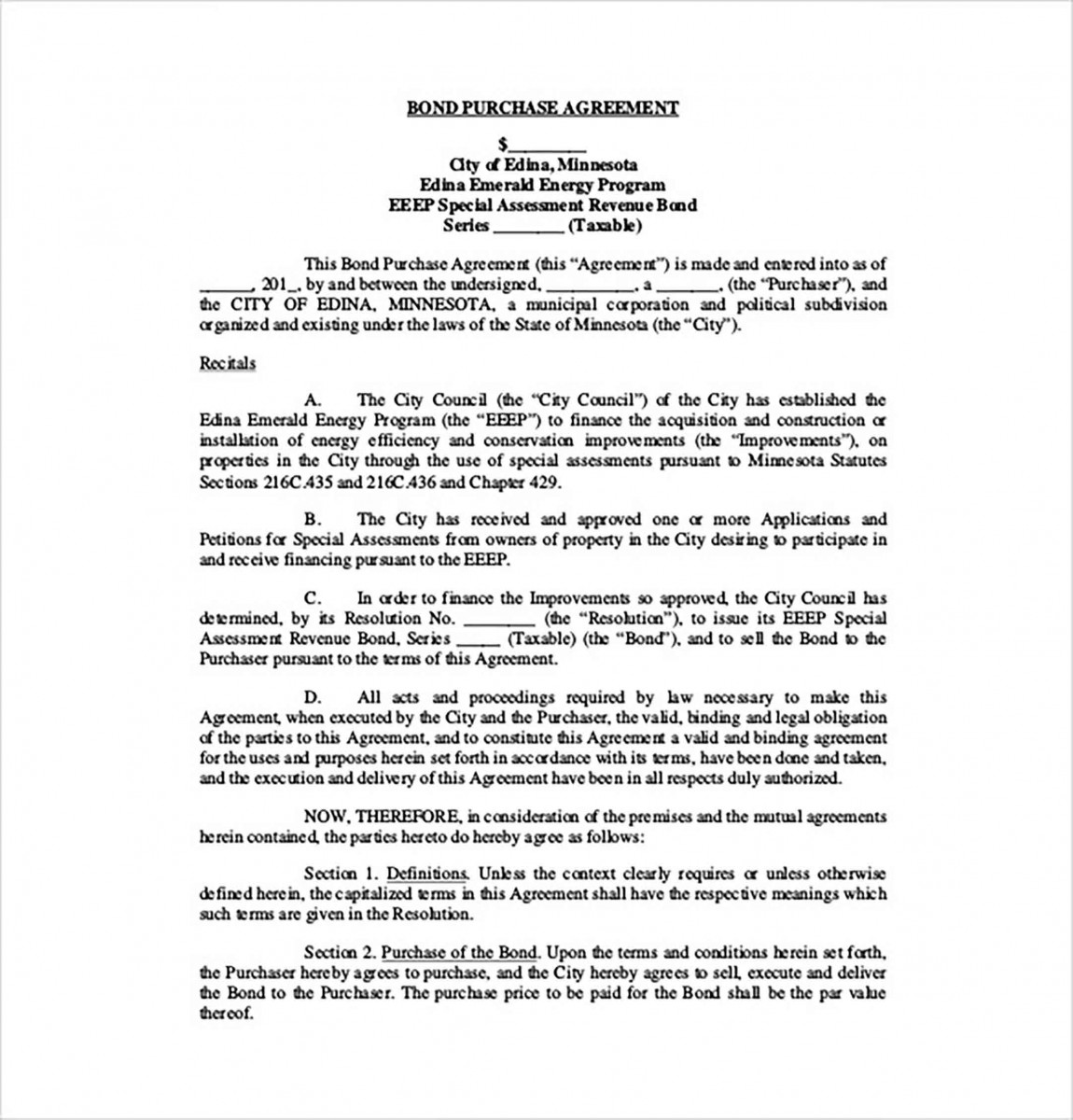 Bond Purchase Agreement templates Bond Purchase Agreement templates