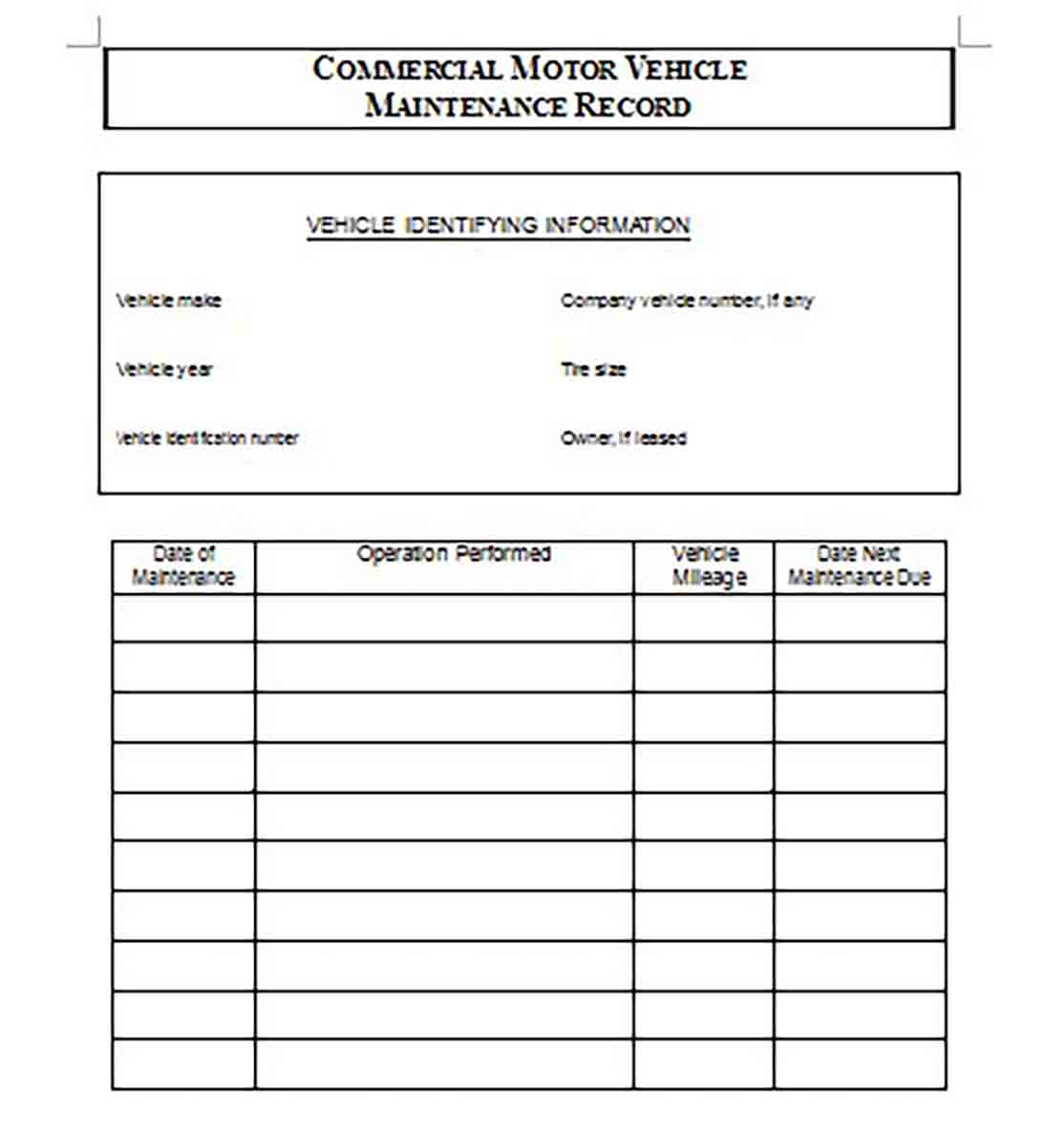 Commercial Vechicle Maintenance Log Commercial Vechicle Maintenance Log