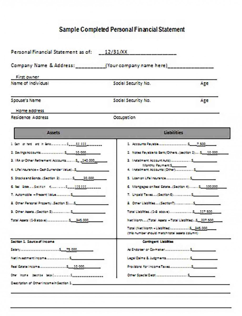 Completed Personal Financial Statement Form Completed Personal Financial Statement Form