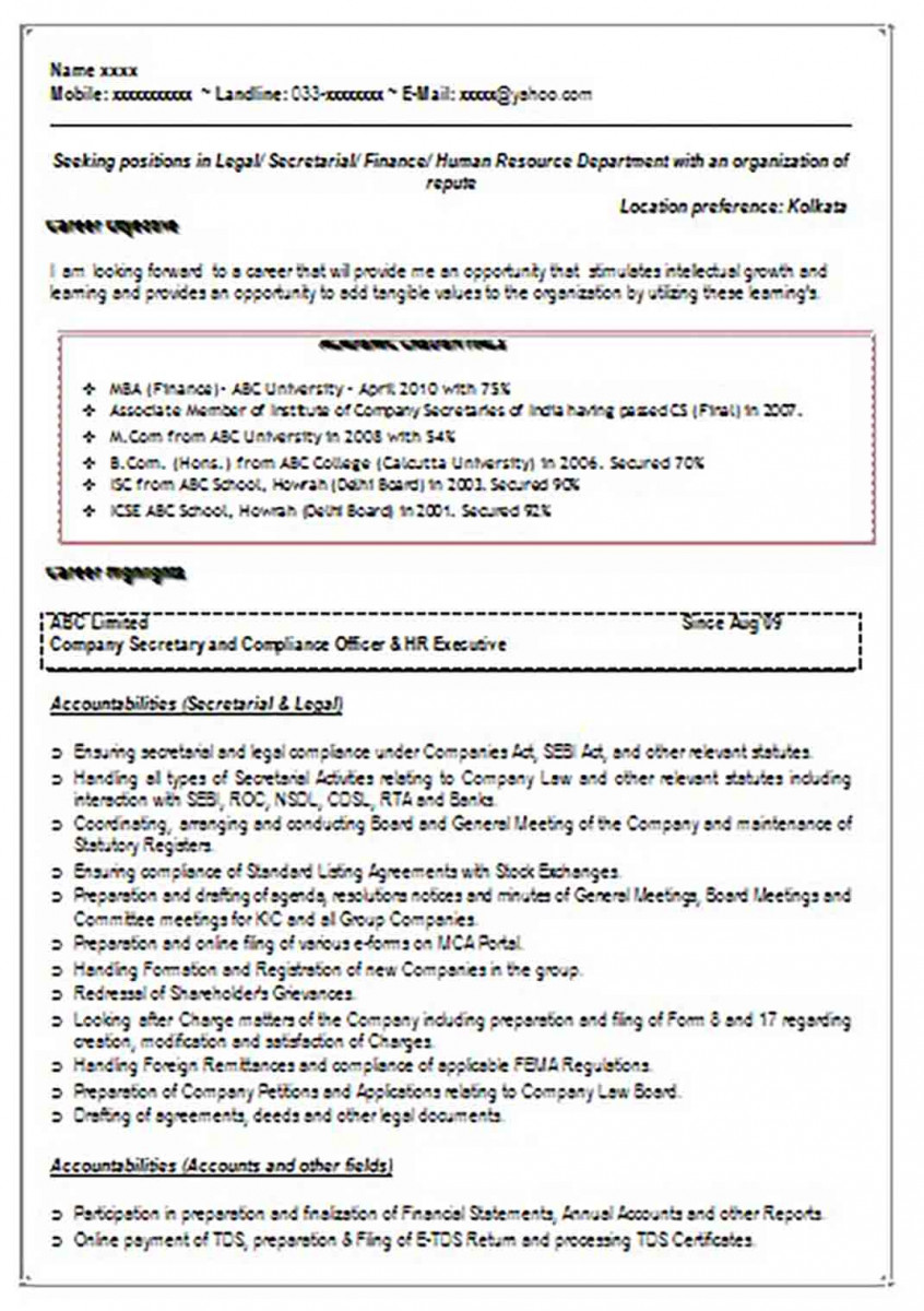 Compnay Secretary cum MBA Finance Resume Sample with Work Experience Compnay Secretary cum MBA Finance Resume Sample with Work Experience