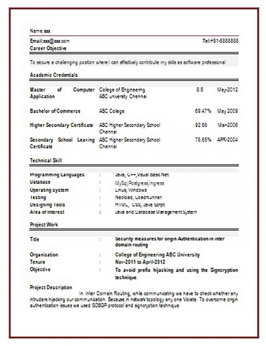 Computer Engineering Resume Format for Freshers Computer Engineering Resume Format for Freshers