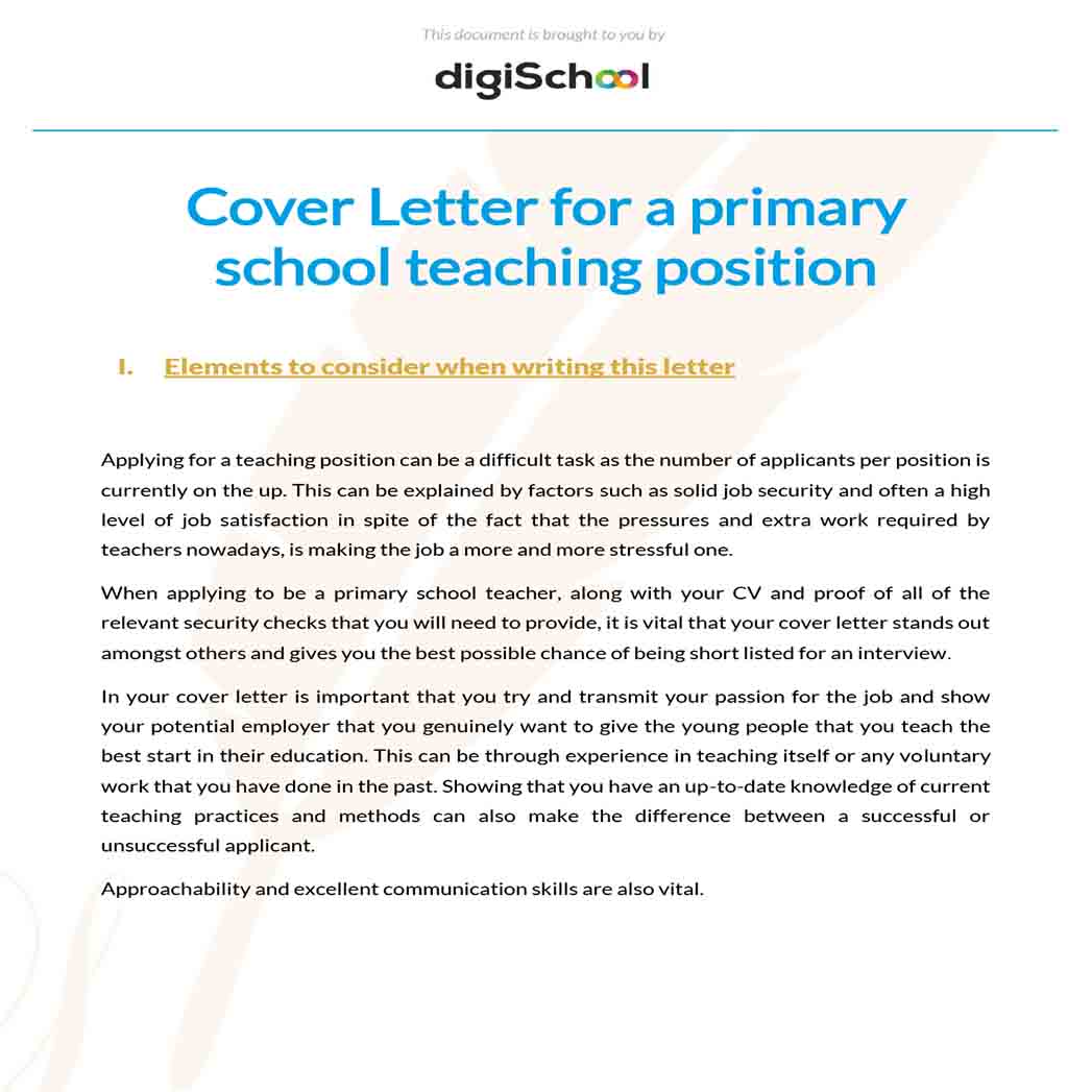 Cover Letter for a Primary School Teaching Position 1 Cover Letter for a Primary School Teaching Position 1