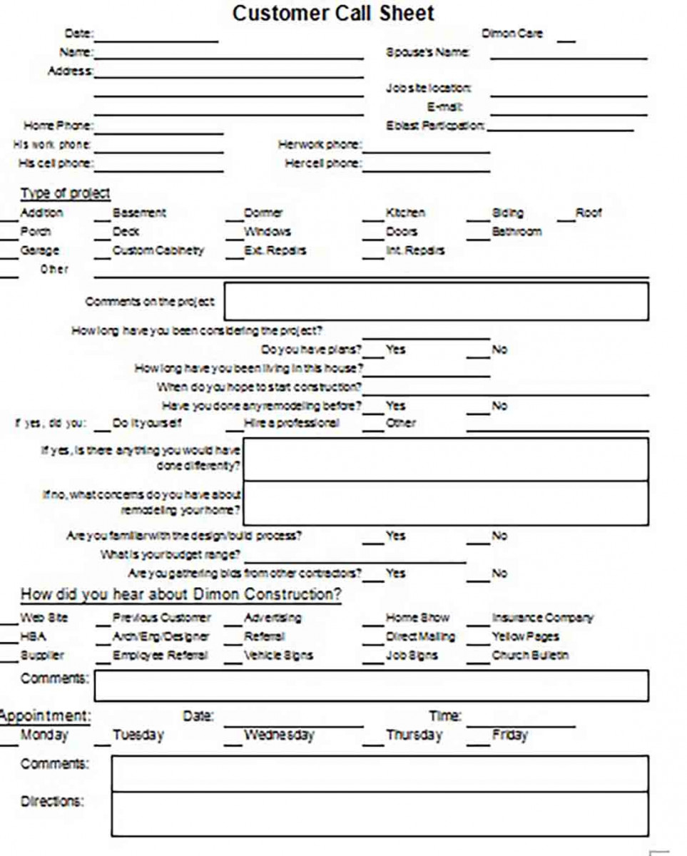 Customer Call Sheet templates Customer Call Sheet templates