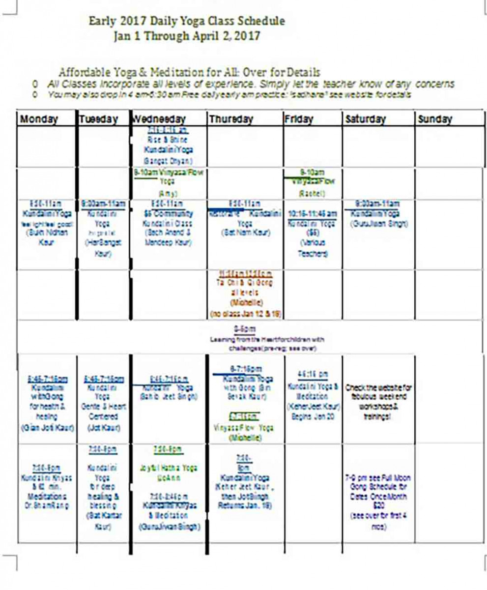 Daily Yoga Class Schedule Daily Yoga Class Schedule