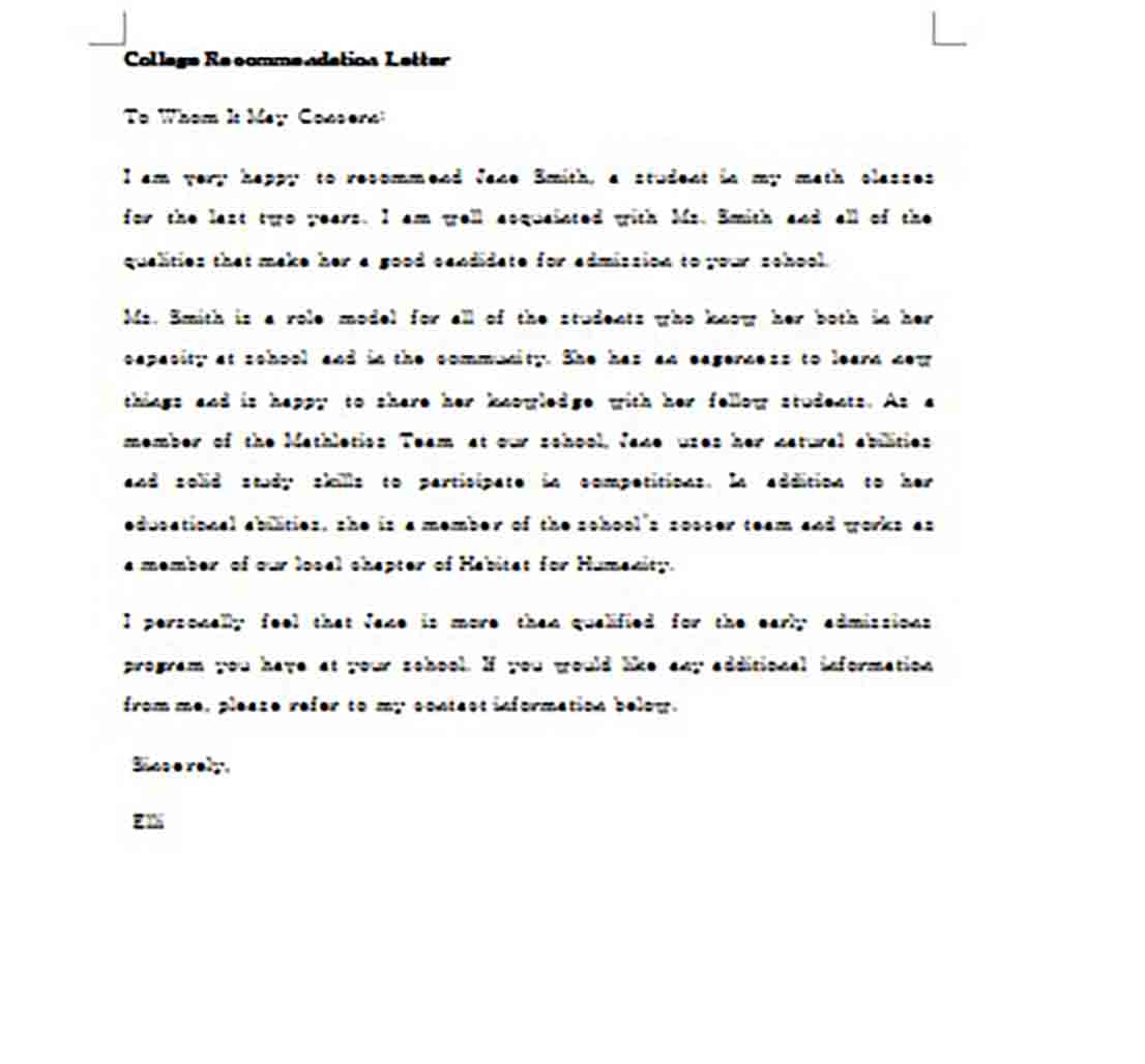 Editable Letter of Recommendation for College Student in Word Editable Letter of Recommendation for College Student in Word