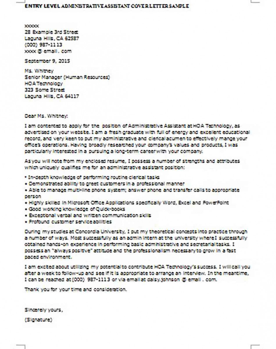 Entry Level Administrative Assistant Cover Letter1 Entry Level Administrative Assistant Cover Letter1