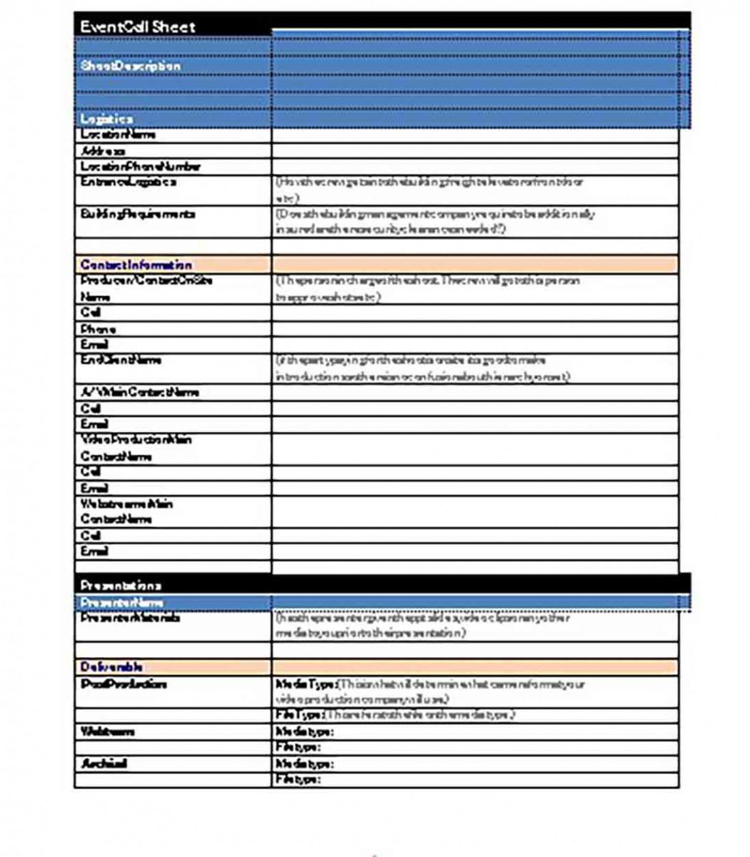 Event Call Sheet Event Call Sheet