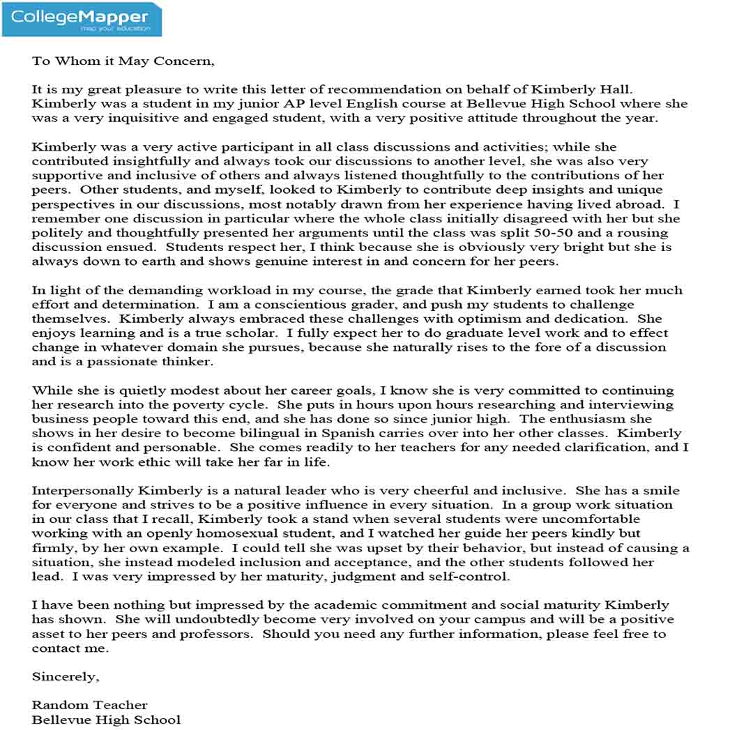 Example Teacher Recommendation Letter 1 Example Teacher Recommendation Letter 1