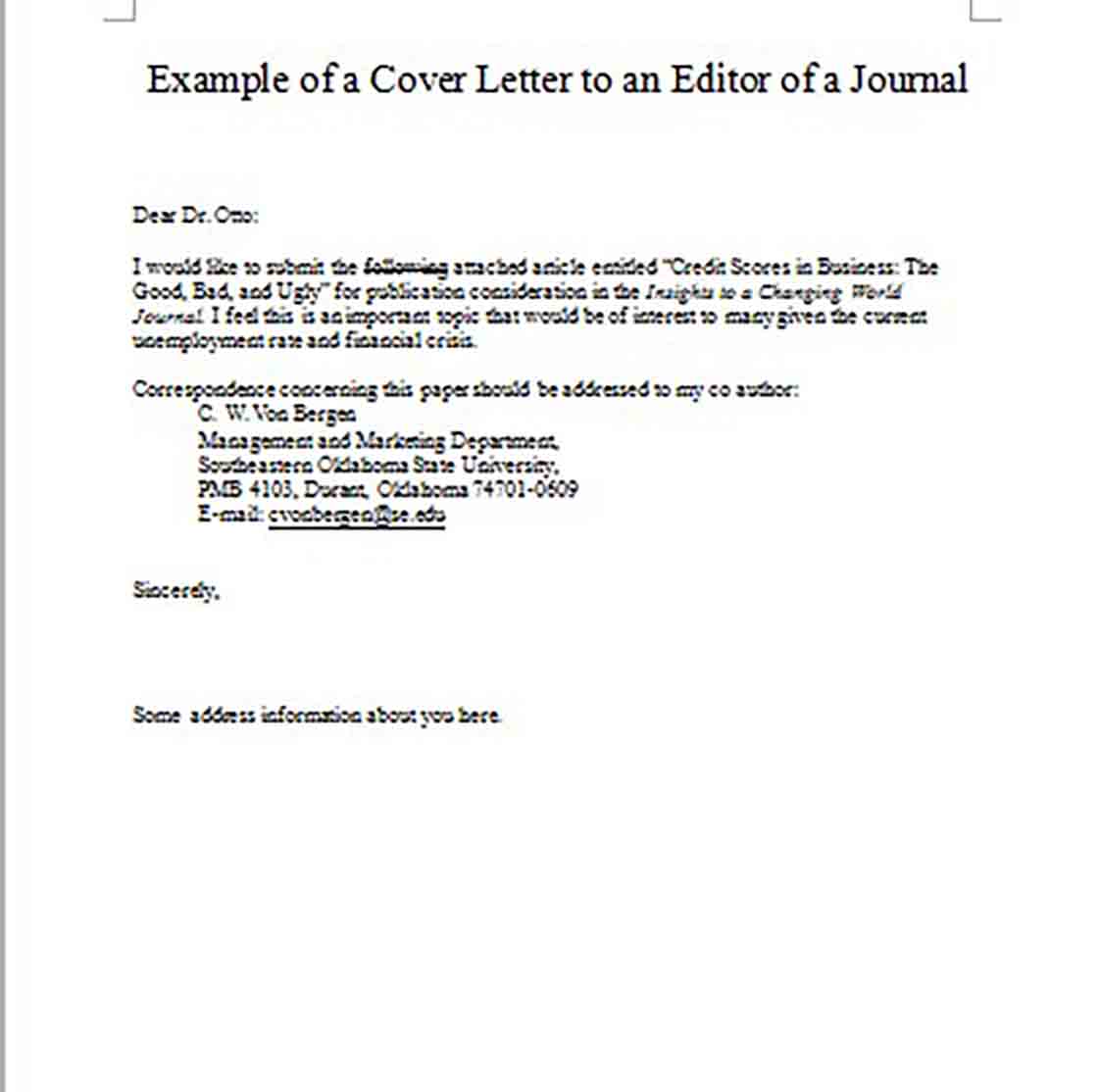 Example of a Cover Letter to an Editor of a Journal Example of a Cover Letter to an Editor of a Journal
