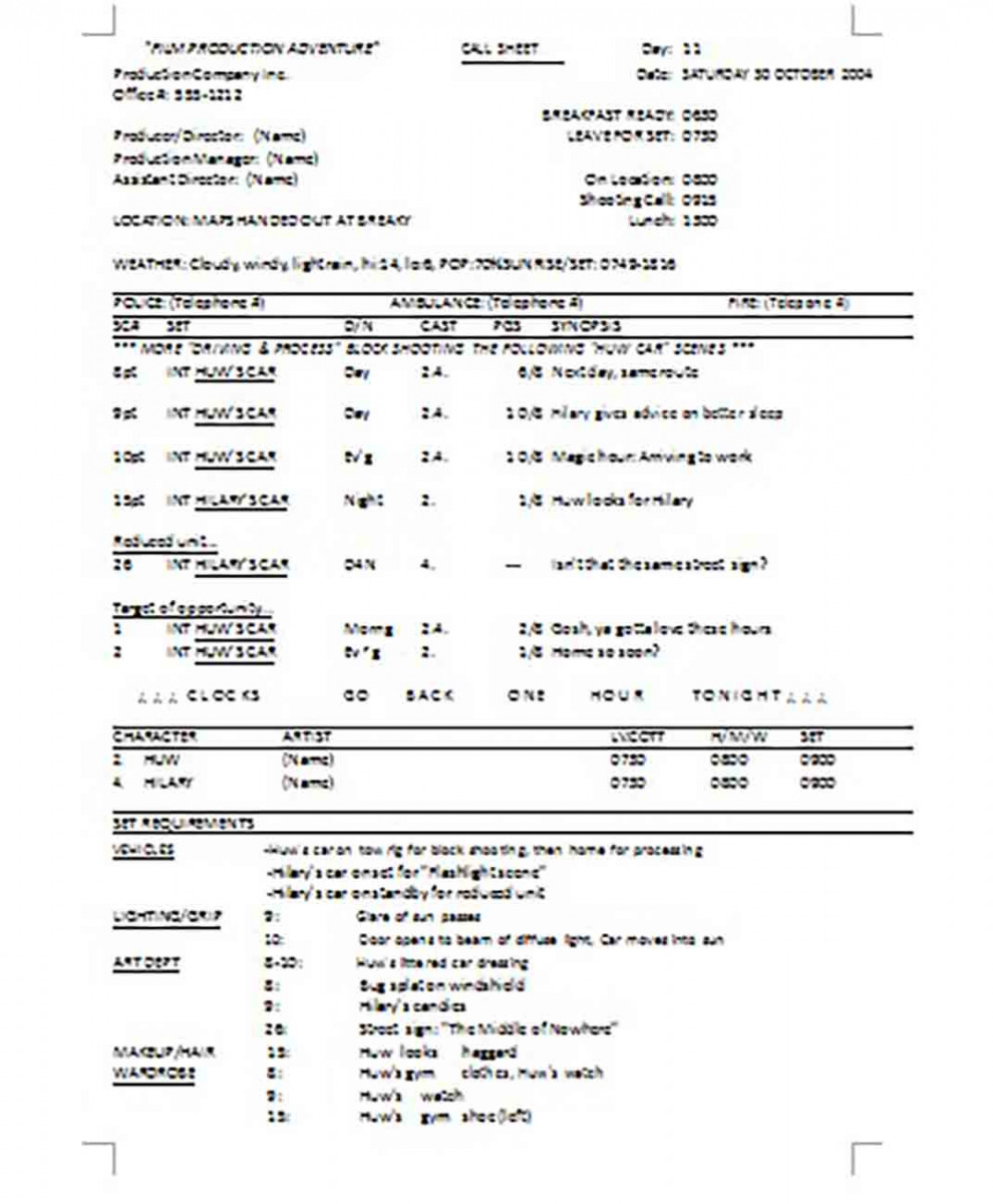 Film Production Call Sheet templates Film Production Call Sheet templates