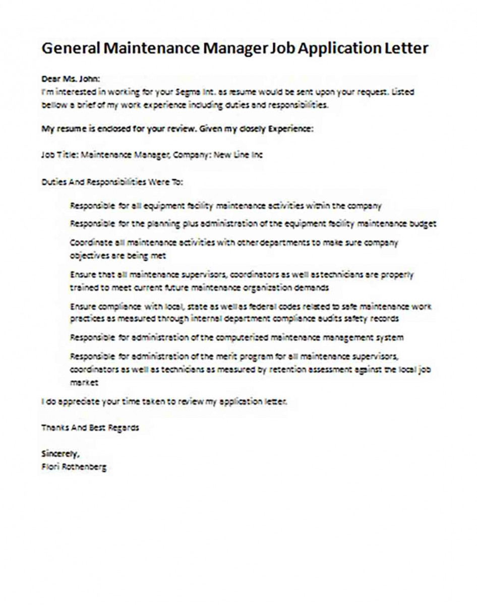 General Maintenance Manager Job Application Letter General Maintenance Manager Job Application Letter
