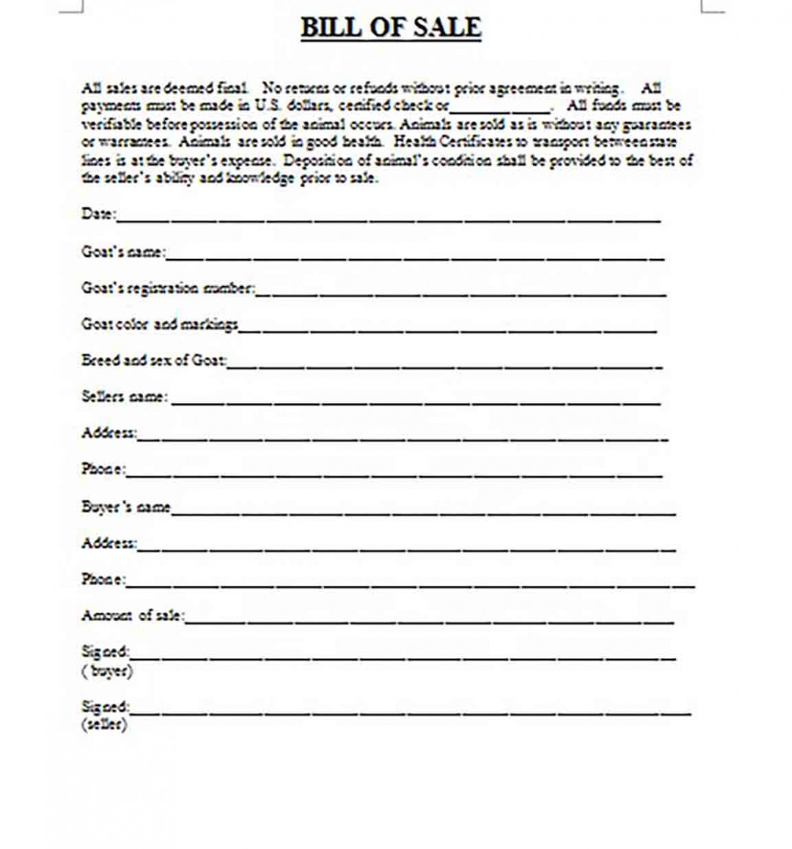 Generic Bill Of Sale For Animal.doc Generic Bill Of Sale For Animal.doc