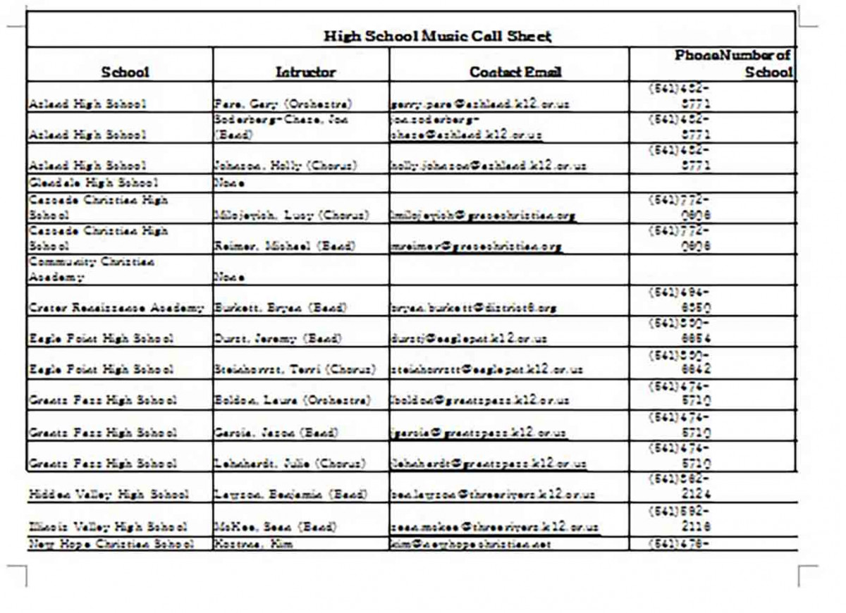 High School Music Call Sheet High School Music Call Sheet