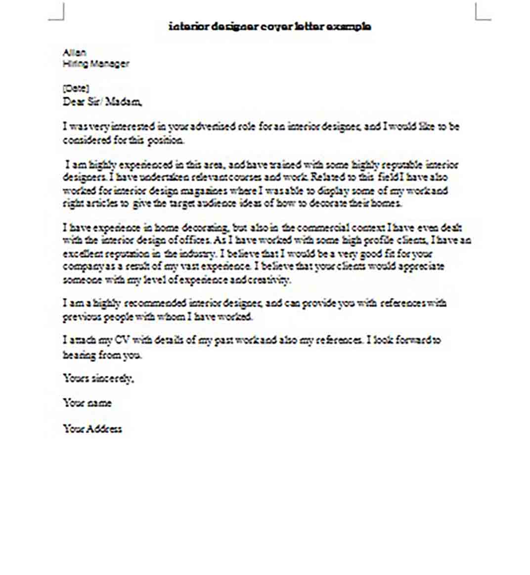 Interior Designer Cover Letter Example Interior Designer Cover Letter Example