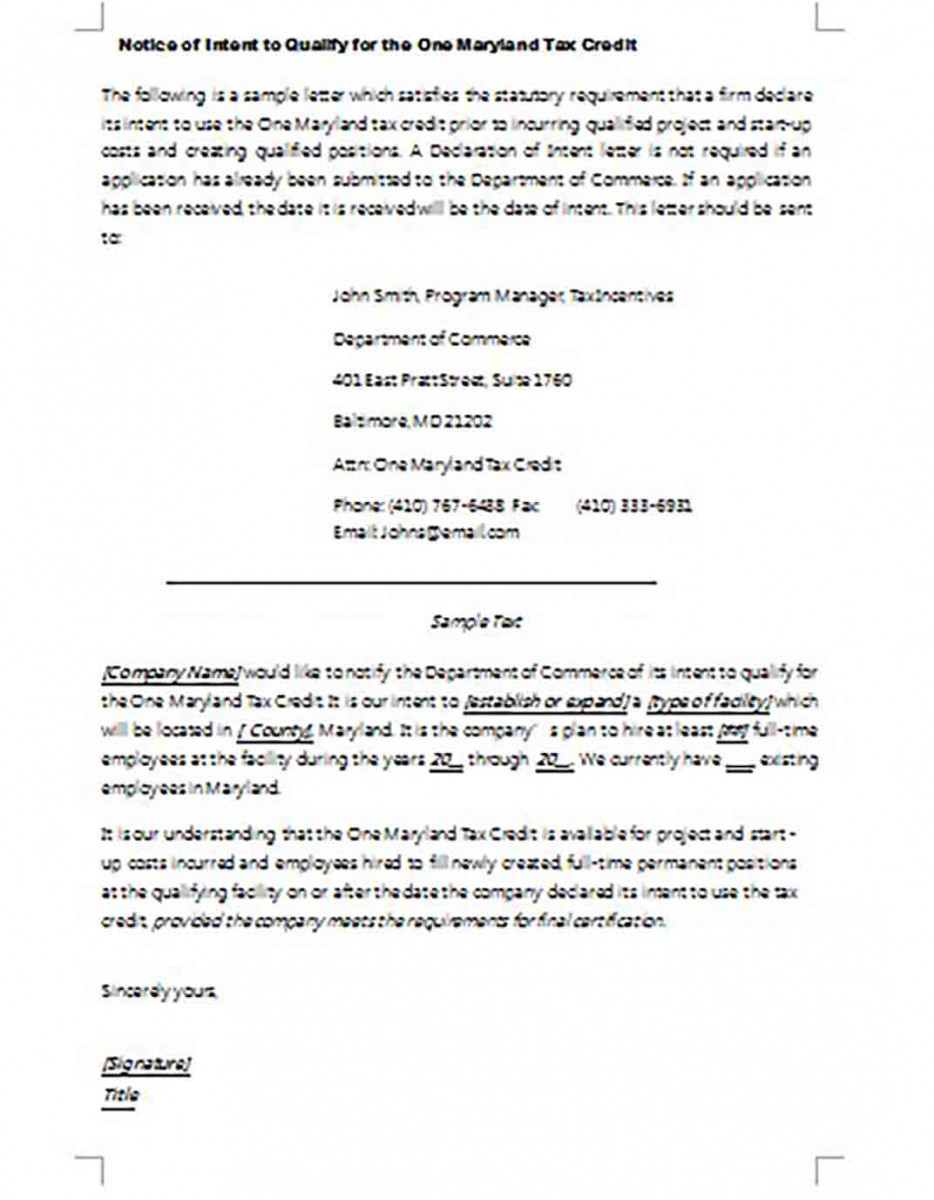 Job Creation Tax Credit Letter of Intent Job Creation Tax Credit Letter of Intent