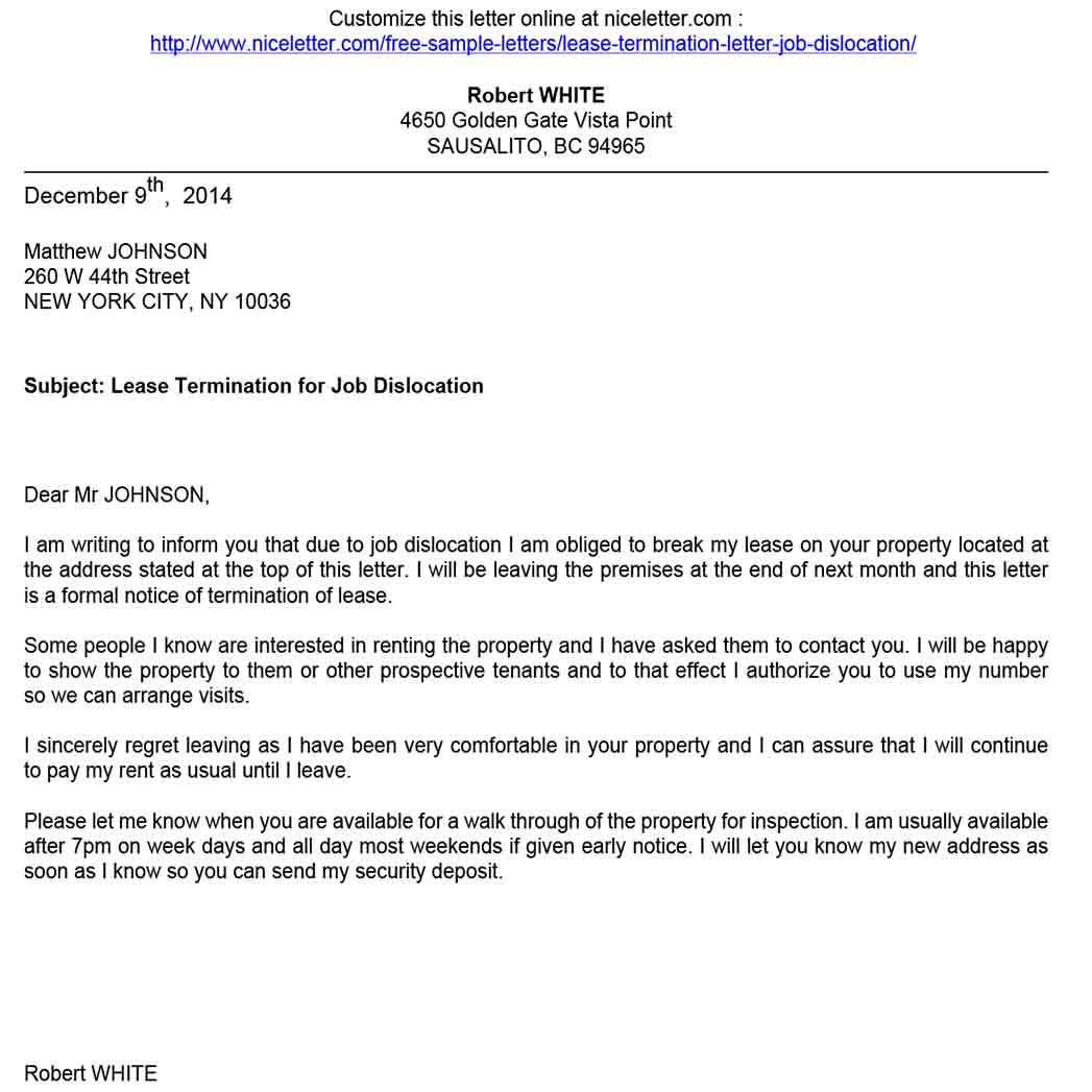 Job Dislocation Lease Letter of Termination Printable Job Dislocation Lease Letter of Termination Printable