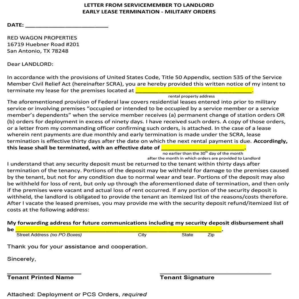 Letter From Servicemember to Landlord Early Lease Termination 1 Letter From Servicemember to Landlord Early Lease Termination 1