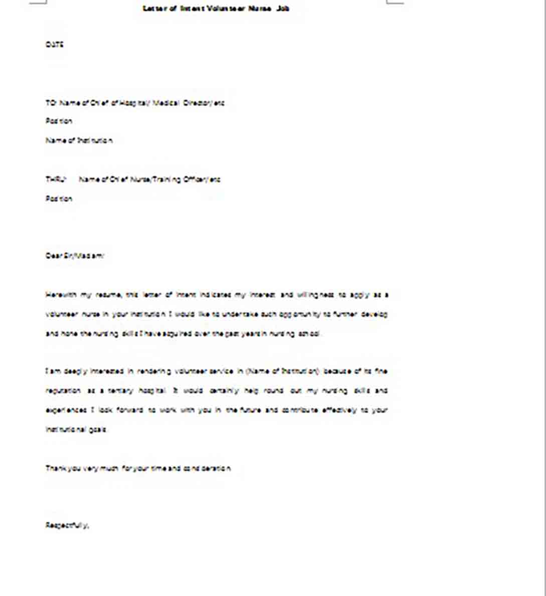 Letter of Intent Volunteer Nurse Job Sample Letter of Intent Volunteer Nurse Job Sample