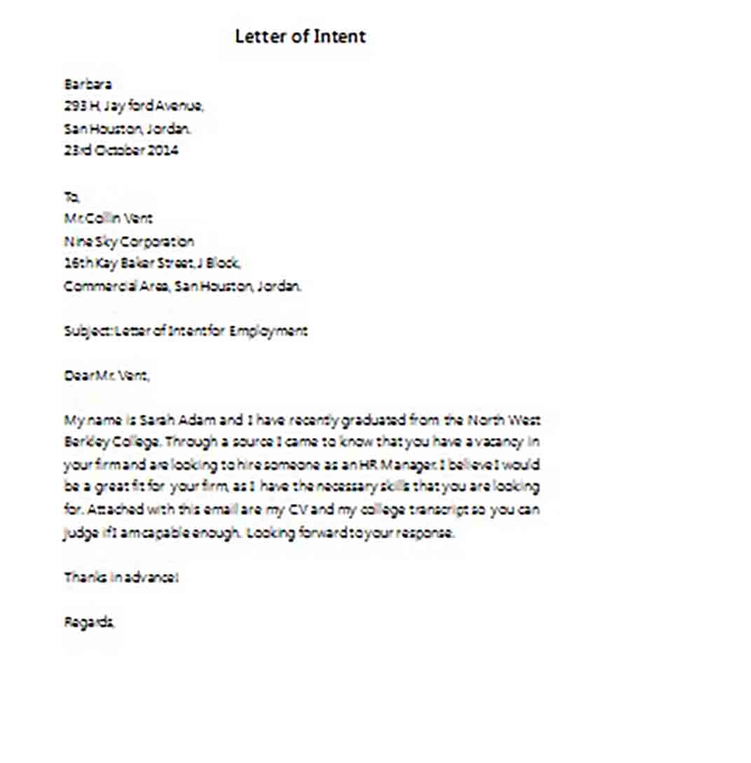 Letter of Intent for a Job Opening Sample templates Letter of Intent for a Job Opening Sample templates