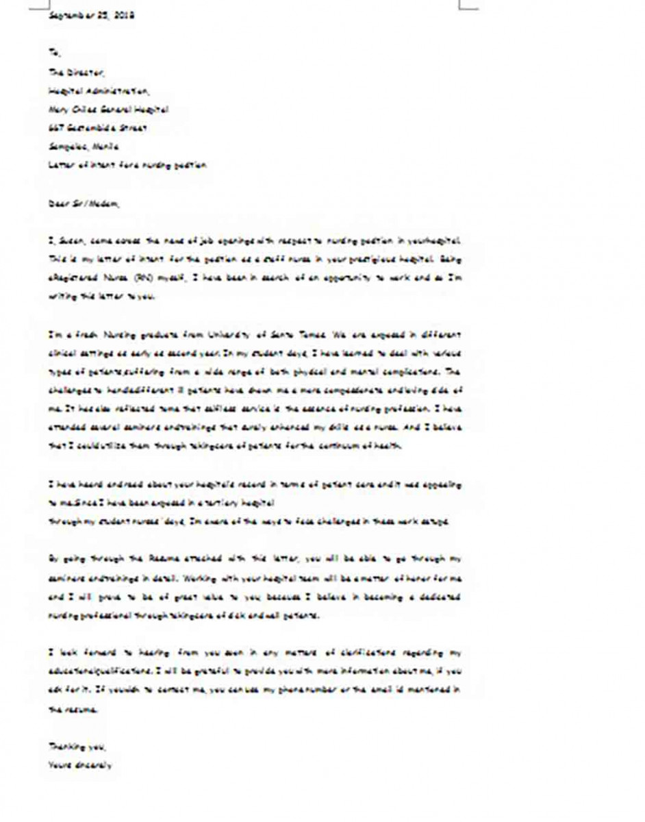Letter of Intent for a Nursing Job Sample Letter of Intent for a Nursing Job Sample