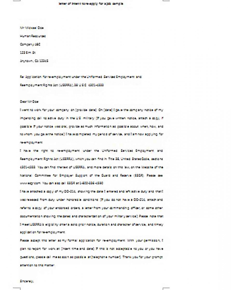 Letter of Intent to Re Apply for a Job sample Letter of Intent to Re Apply for a Job sample