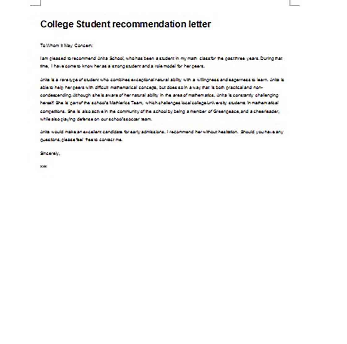 Letter of Recommendation for College Student Admission Letter of Recommendation for College Student Admission