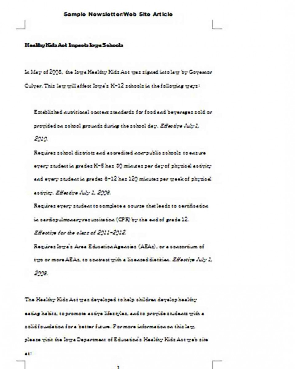 Newsletter and Web Site Article Newsletter and Web Site Article
