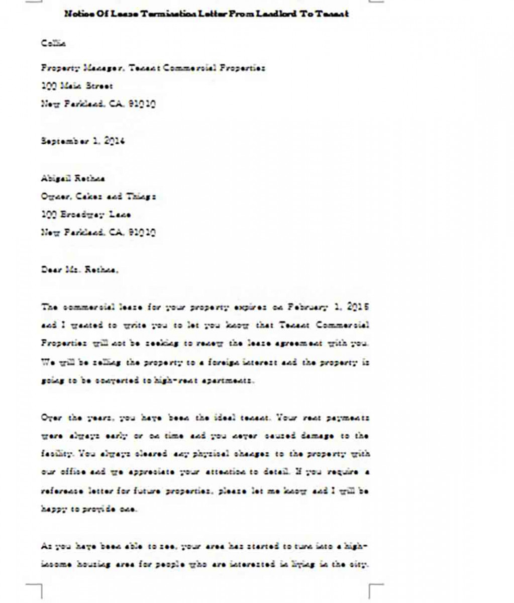 Notice of Lease Termination Letter From Landlord To Tenant Example Notice of Lease Termination Letter From Landlord To Tenant Example