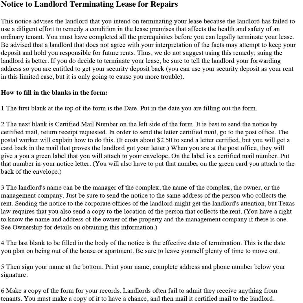 Notice to Landlord Terminating Lease for Repairs 1 Notice to Landlord Terminating Lease for Repairs 1