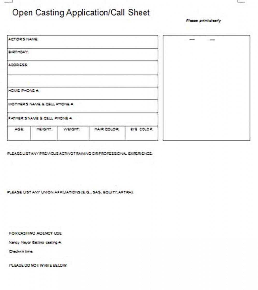 Open Casting Application Call Sheet Open Casting Application Call Sheet