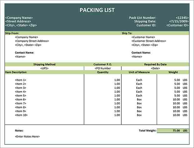 Packing List Packing List