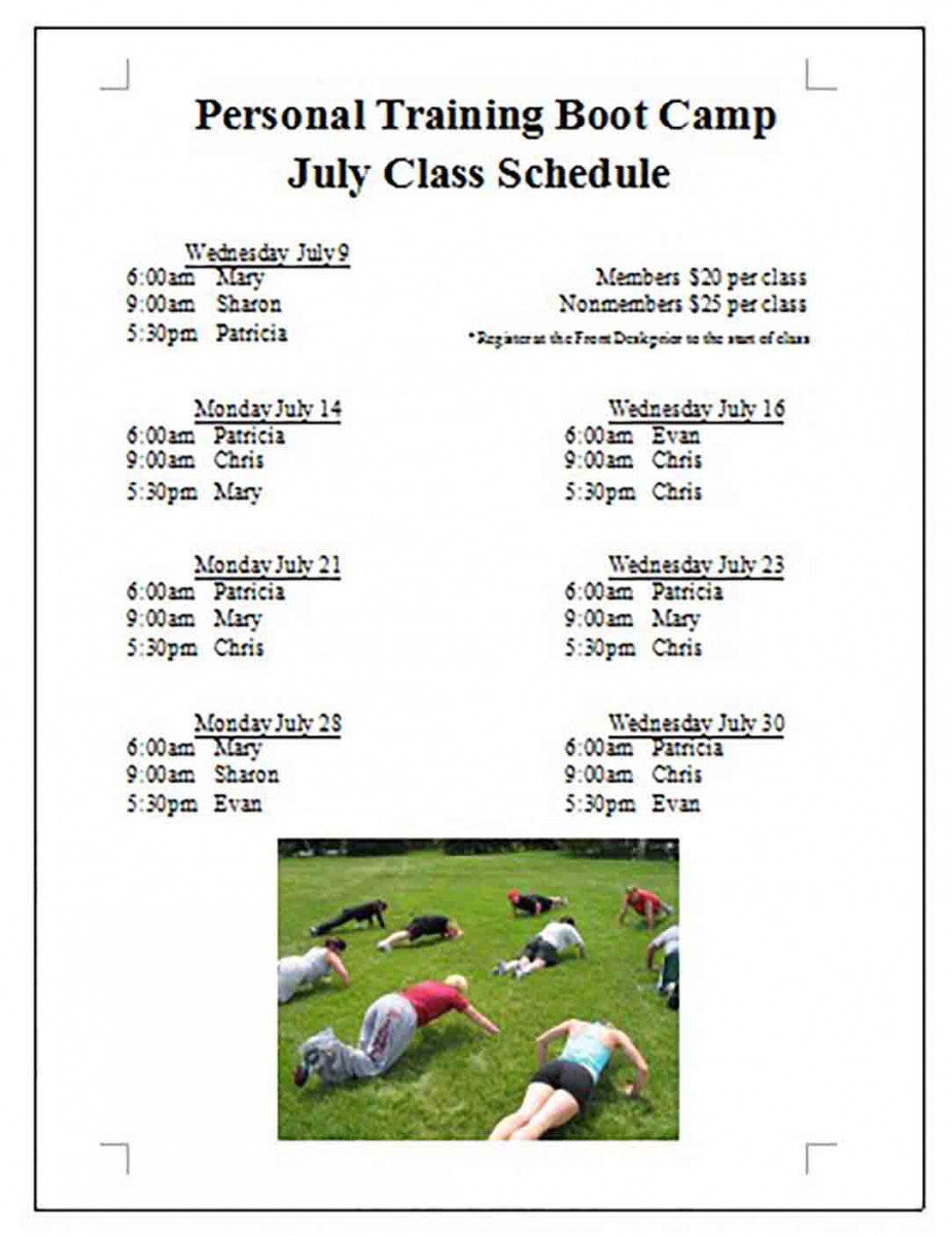 Personal Training Camp Class Schedule Personal Training Camp Class Schedule