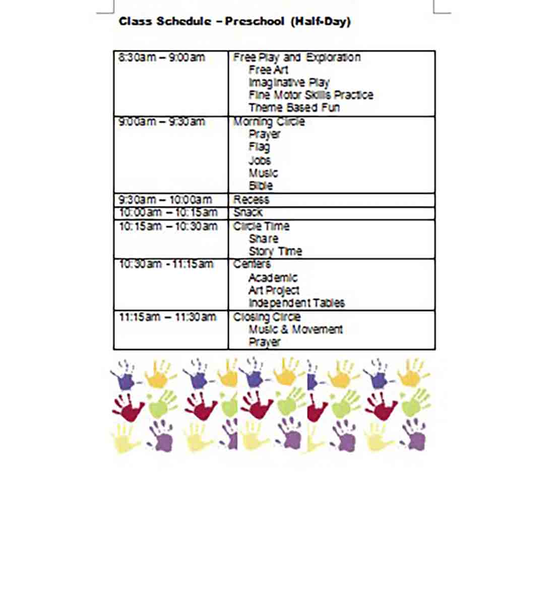 Preschool Class Schedule Preschool Class Schedule