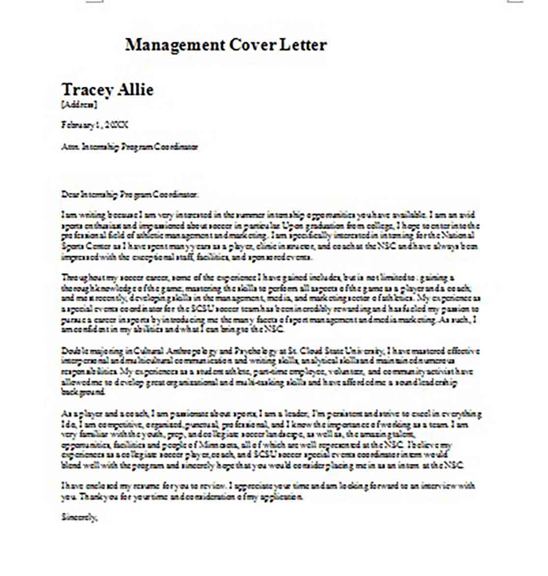 Printable Management Cover Letter Printable Management Cover Letter