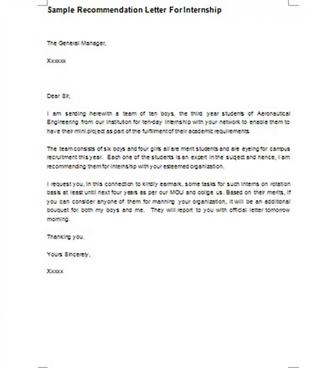 Printable Sample Recommendation Letter For Internship Printable Sample Recommendation Letter For Internship