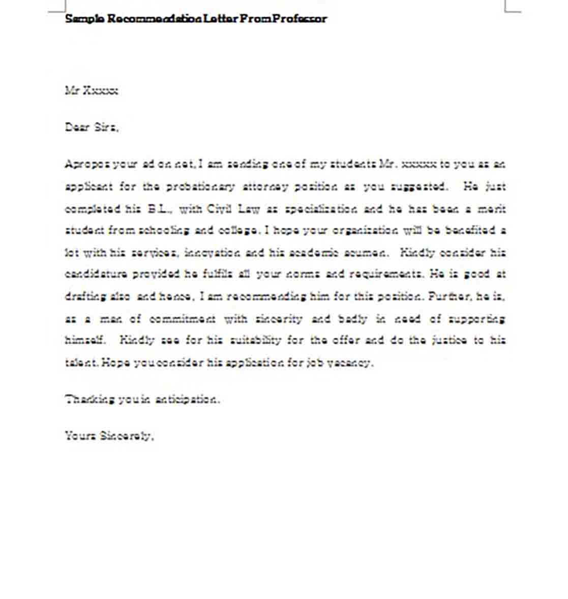 Printable Sample Recommendation Letter From Professor Printable Sample Recommendation Letter From Professor
