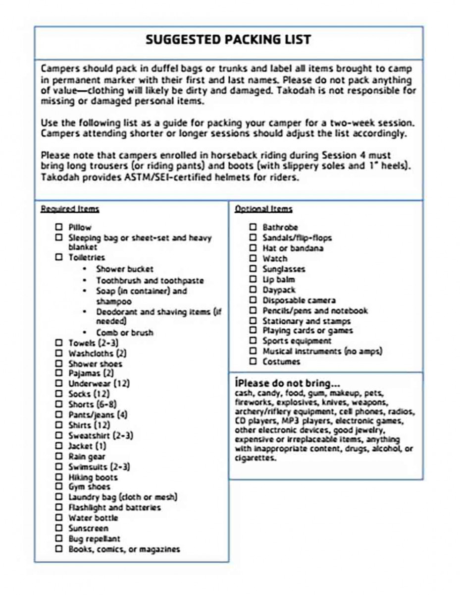 Printable Suggested Packing List Printable Suggested Packing List